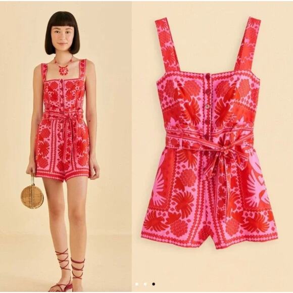 Farm Rio Jungle Scarf Romper Red Linen Blend Size Medium - Picture 1 of 13